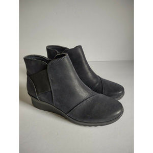 Clark's Cloud Steppers Caddell Tropic Wedge Ankle Boots Women Sz 5.5 Dark Navy